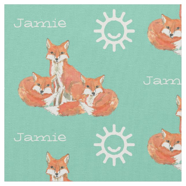 Mint Kids Sunshine Fox Tracks Personalised Fabric (Close Up)