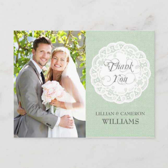Mint Lace Doily Wedding Thank You Postcard (Front)