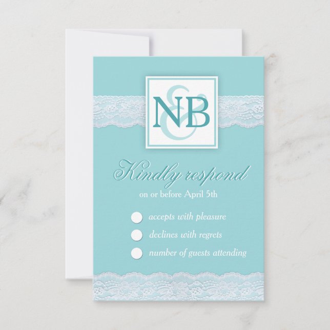 Mint lace wedding RSVP cards Monograms (Front)