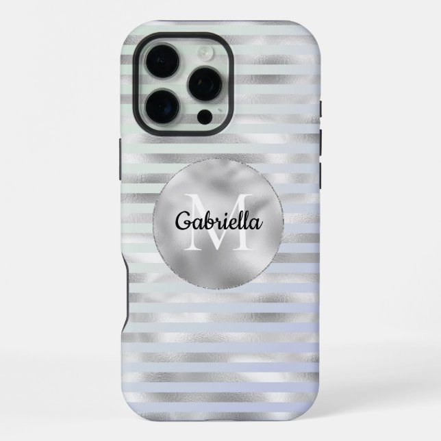 Mint Lavender Silver Stripes Monogram iPhone Case (Back)