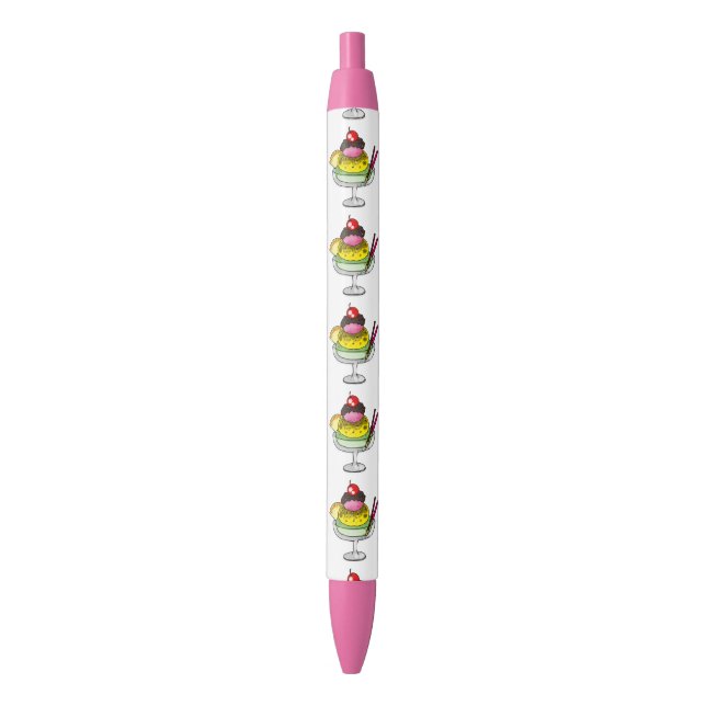 mint lemon and strawberry ice cream pattern black ink pen (Front Vertical)