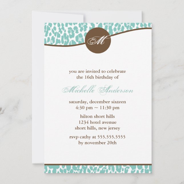 Mint Leopard Print Birthday Invitation (Front)