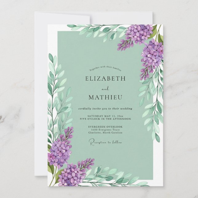 Mint Lilac Bloom Botanical Wedding Invitation (Front)