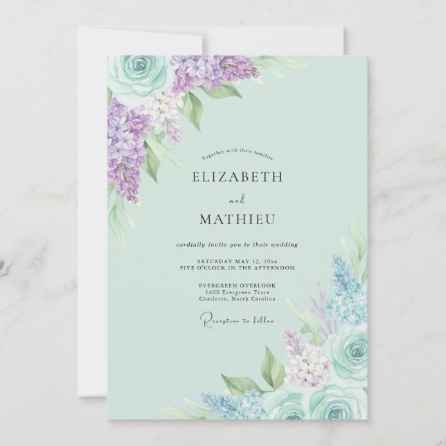 Mint Lilac Hydrangea Eucalyptus Wedding Invitation (Front)