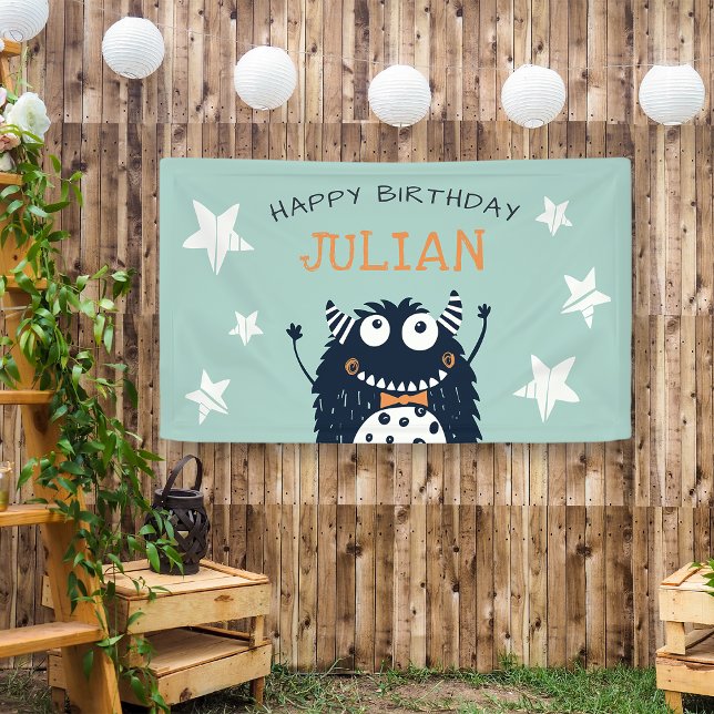 Mint | Little Monster Personalised Birthday Party Banner (Creator Uploaded)