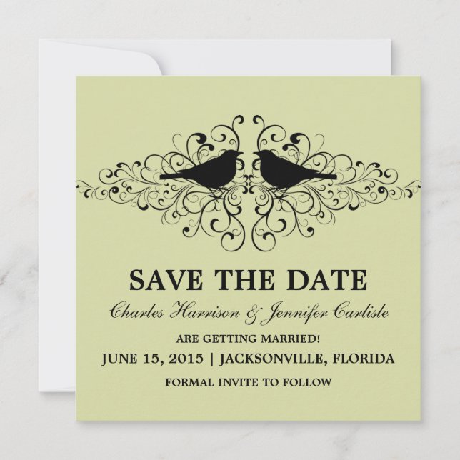Mint Love Bird Swirls Save the Date Invite (Front)
