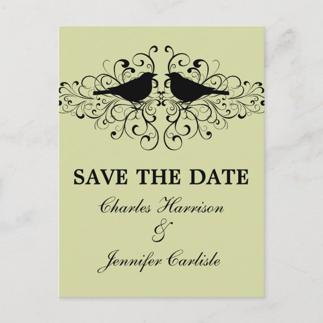 Mint Love Bird Swirls Save the Date Postcard (Front)