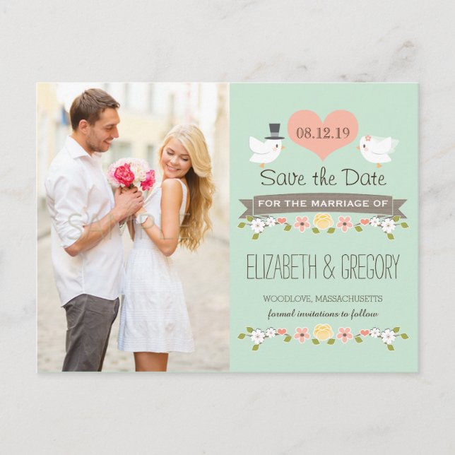 MINT LOVE BIRDS DOVE SAVE THE DATE ANNOUNCEMENT POSTCARD (Front)