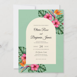 Mint Magenta Hibiscus Eucalyptus Wedding Invitation