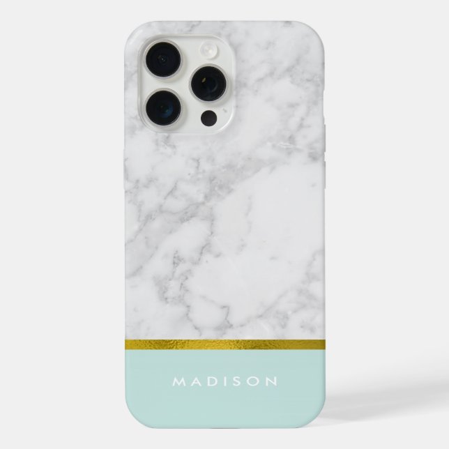 Mint Marble Pattern and Faux Gold Foil iPhone Case (Back)