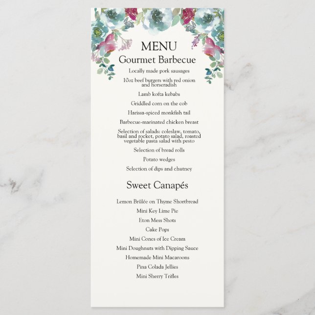 Mint & Mauve floral Evening/Buffet Wedding Menu (Front)