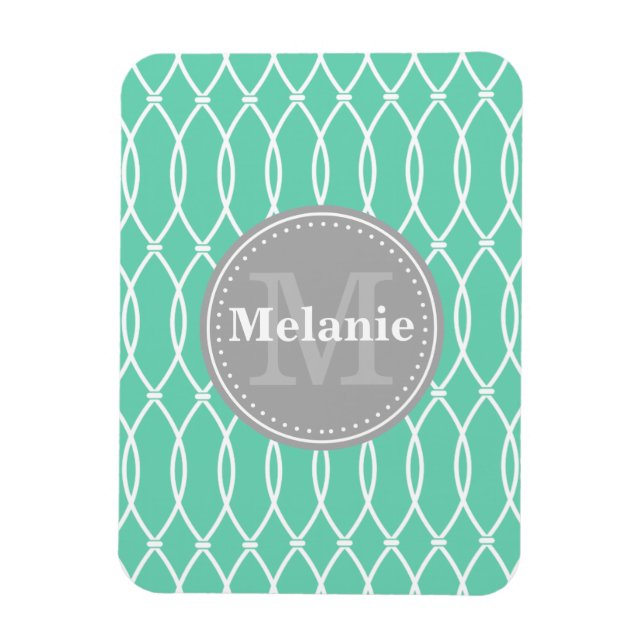 Mint Modern Lattice Pattern Grey Monogram Magnet (Vertical)