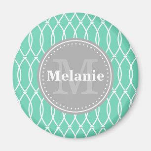 Mint Modern Lattice Pattern Grey Monogram Magnet