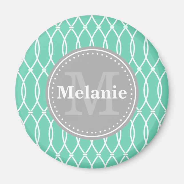 Mint Modern Lattice Pattern Grey Monogram Magnet (Front)