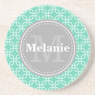 Mint Modern Squares Pattern Grey Monogram Coaster