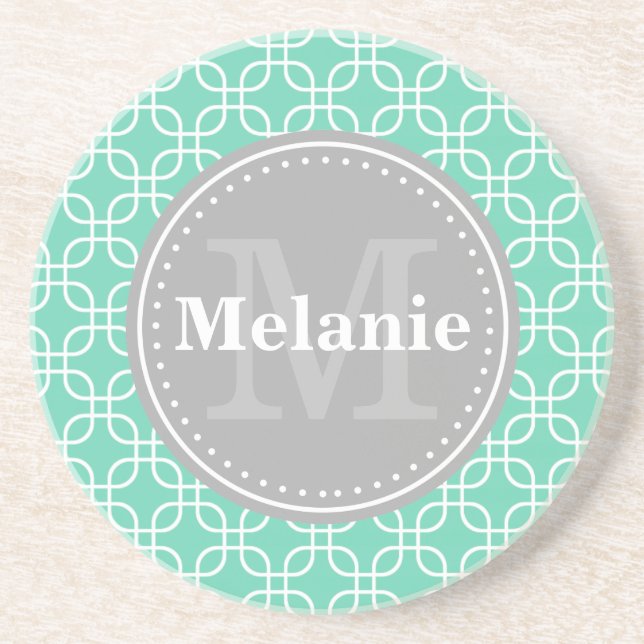 Mint Modern Squares Pattern Grey Monogram Coaster (Front)