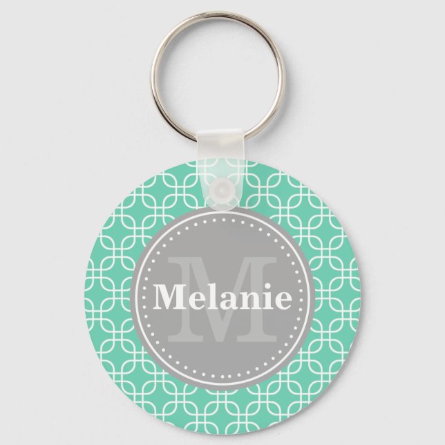 Mint Modern Squares Pattern Grey Monogram Key Ring (Front)