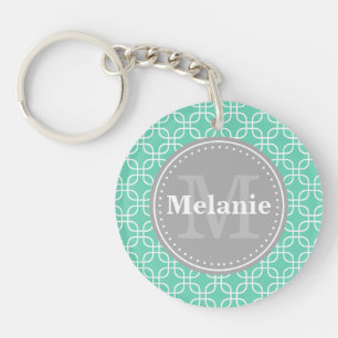 Mint Modern Squares Pattern Grey Monogram Key Ring