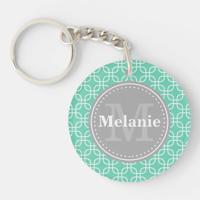 Mint Modern Squares Pattern Grey Monogram Key Ring (Front)