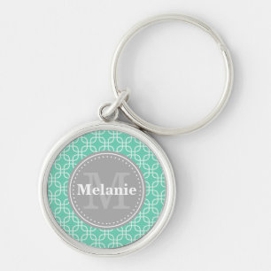 Mint Modern Squares Pattern Grey Monogram Key Ring