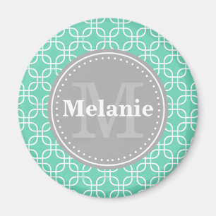 Mint Modern Squares Pattern Grey Monogram Magnet
