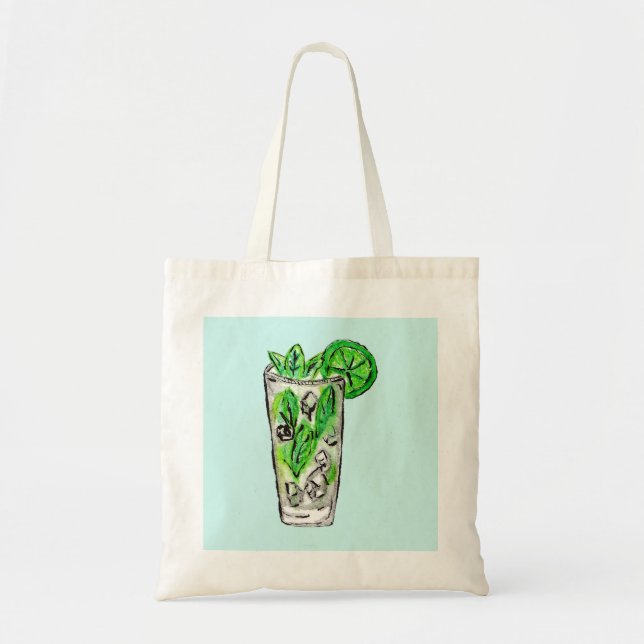 Mint Mojito in Summer Watercolor Cocktail Tote Bag (Front)