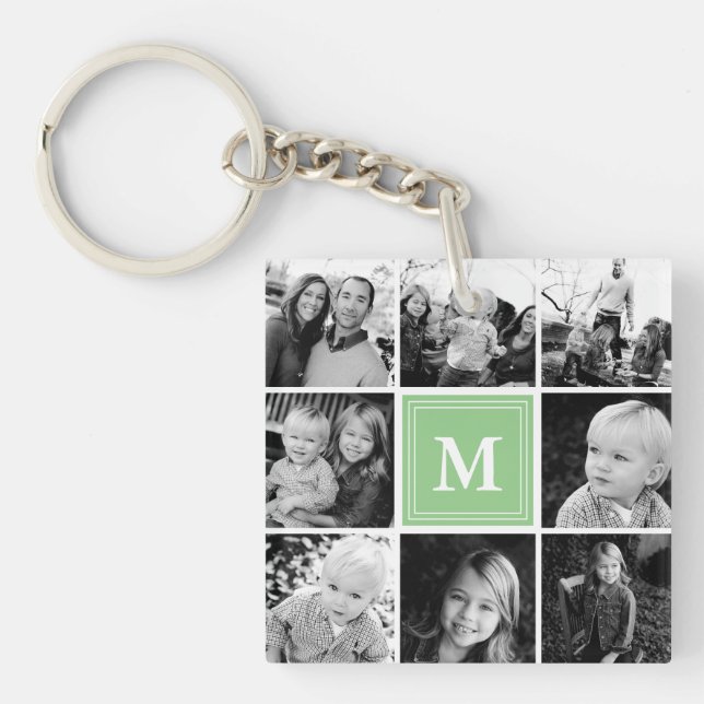 Mint Monogram Family Photo Collage Key Ring (Front)