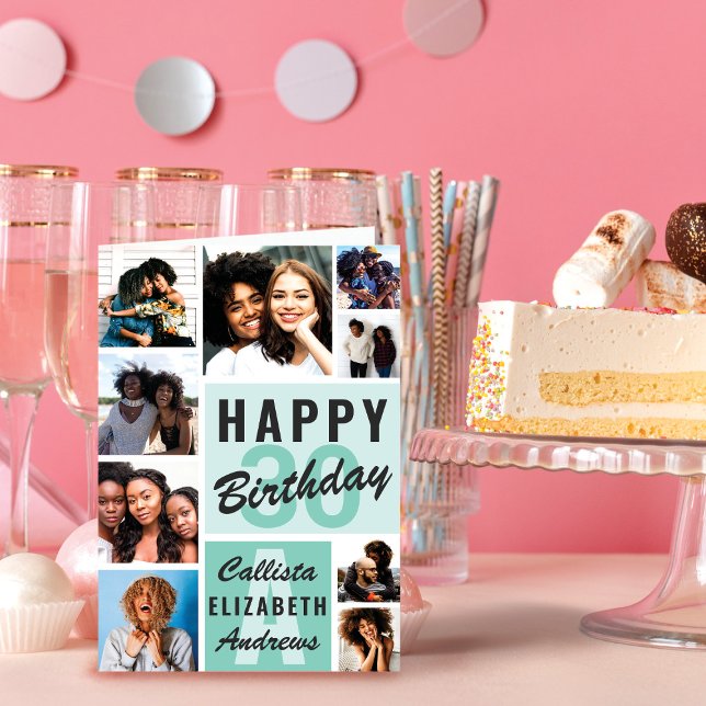Mint Monogram Photo Collage Happy Birthday Card (Creator Uploaded)