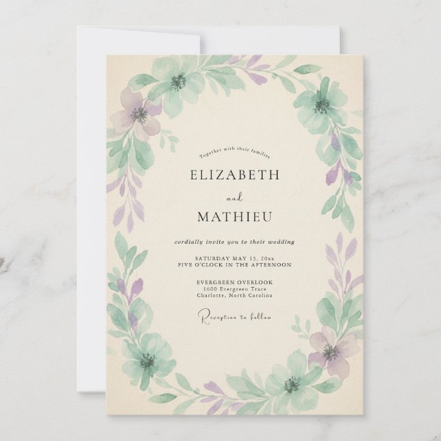 Mint Muted Lilac Vine Wedding Invitation (Front)