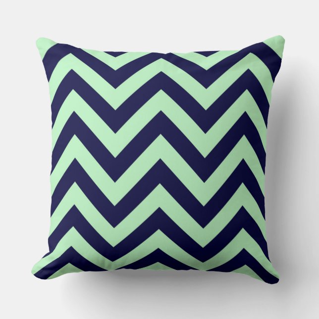 Mint, Navy Blue Large Chevron ZigZag Pattern Cushion (Front)