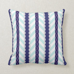 Mint, Navy Blue, White Geometric Striped Pattern Cushion