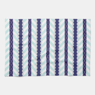 Mint, Navy Blue, White Geometric Striped Pattern Tea Towel