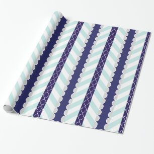 Mint, Navy Blue, White Geometric Striped Pattern Wrapping Paper
