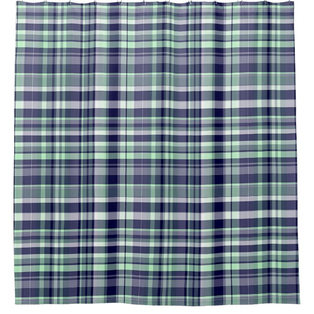 Mint, Navy Blue, White Preppy Madras Plaid Shower Curtain (Front)