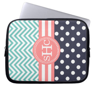 Mint, Navy & Coral Chevron Polka Dots Personalised Laptop Sleeve