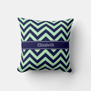 Mint Navy LG Chevron Navy Blue Name Monogram Cushion