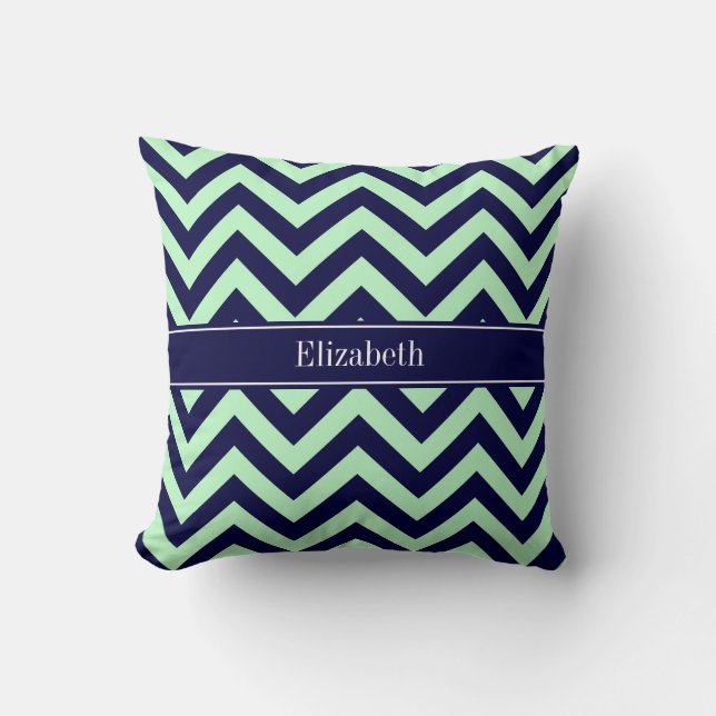 Mint Navy LG Chevron Navy Blue Name Monogram Cushion (Front)