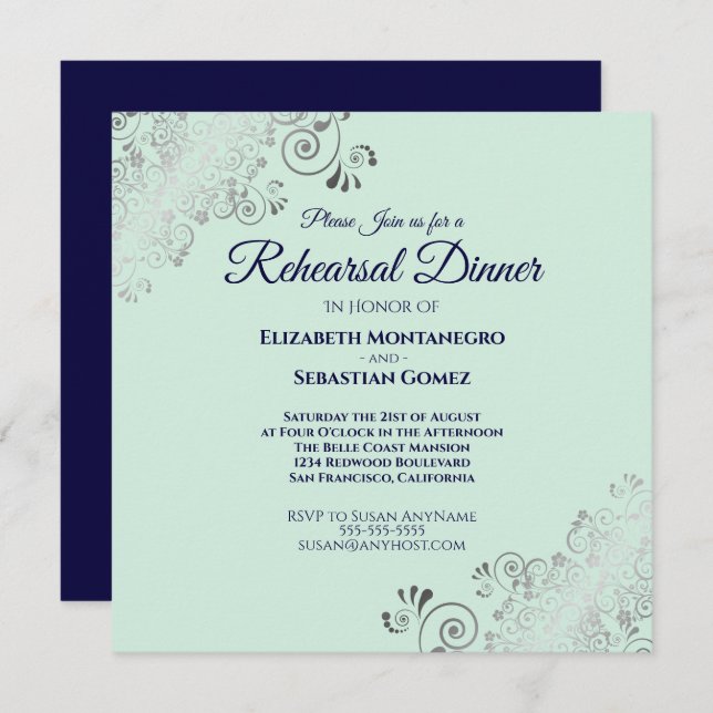 Mint Navy & Silver Wedding Rehearsal Dinner Square Invitation (Front/Back)