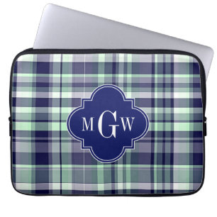 Mint Navy White Preppy Madras Quatrefoil Monogram Laptop Sleeve