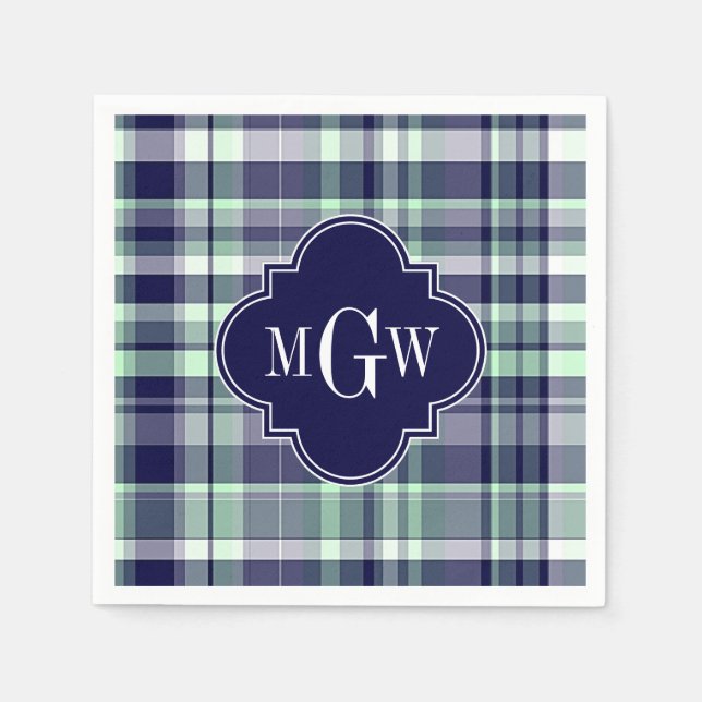 Mint Navy White Preppy Madras Quatrefoil Monogram Napkin (Front)