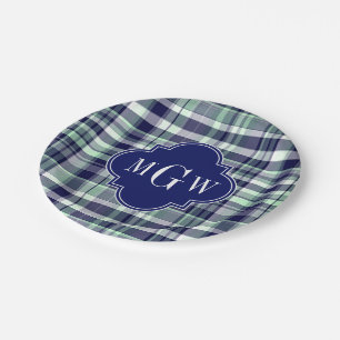 Mint Navy White Preppy Madras Quatrefoil Monogram Paper Plate