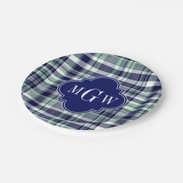 Mint Navy White Preppy Madras Quatrefoil Monogram Paper Plate (Angled)