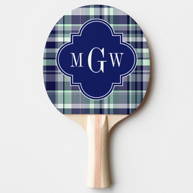 Mint Navy White Preppy Madras Quatrefoil Monogram Ping Pong Paddle (Front)