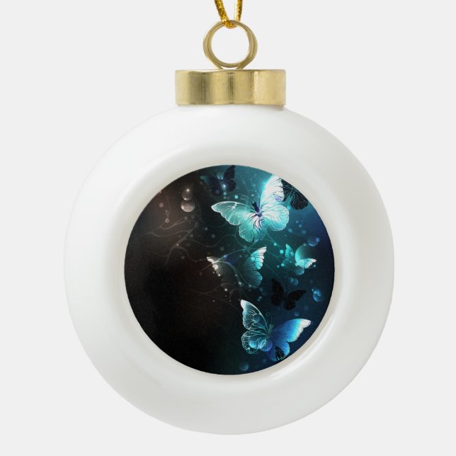 Mint Night Butterflies Ceramic Ball Christmas Ornament (Front)