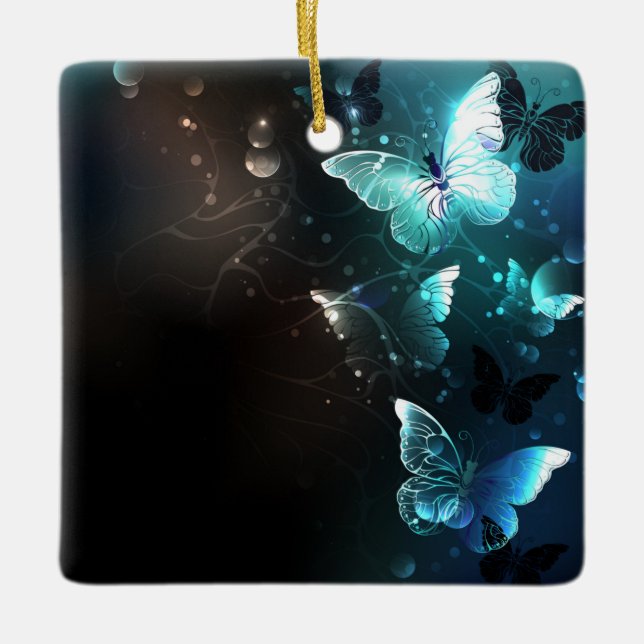 Mint Night Butterflies Ceramic Ornament (Front)