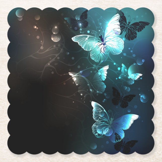 Mint Night Butterflies Paper Coaster (Front)