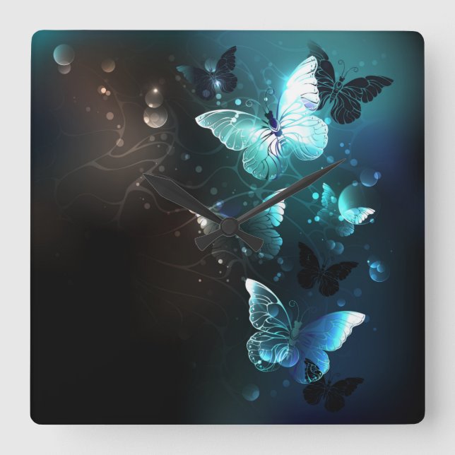 Mint Night Butterflies Square Wall Clock (Front)