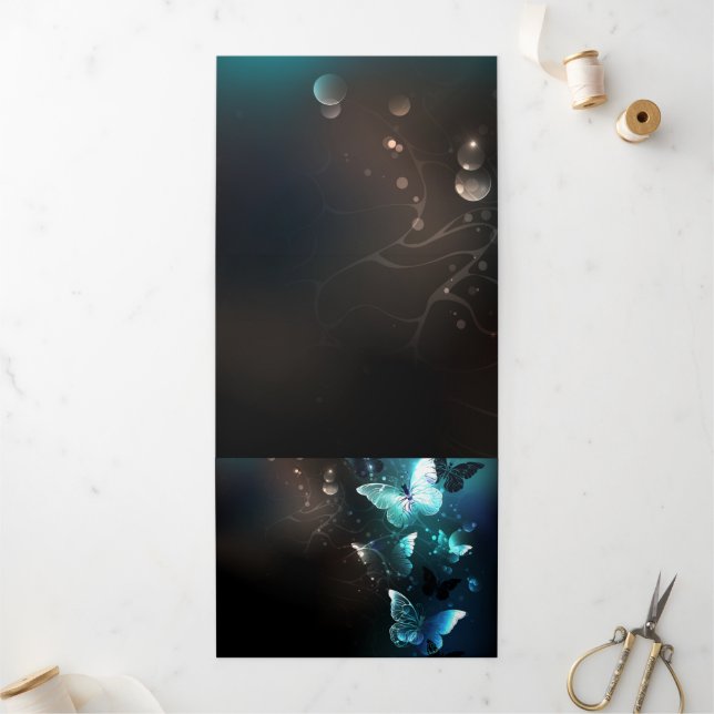 Mint Night Butterflies Tri-Fold Invitation (Outside)