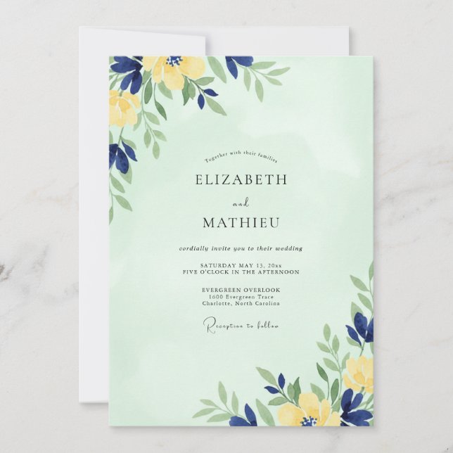 Mint Ochre Indigo Petal Wedding Invitation (Front)