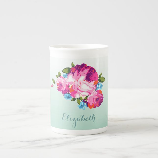 Mint Ombre Floral Personalized Bone China Mug (Front)